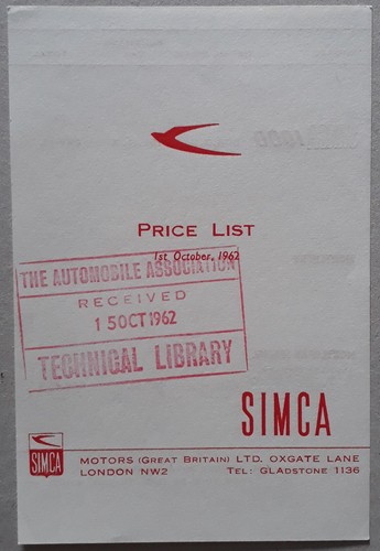 Simca price list brochure 1962 - brochure,